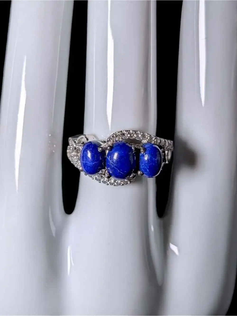 Vintage Genuine Lapis Lazuli and White Topaz Cross Over Sterling Silver Ring